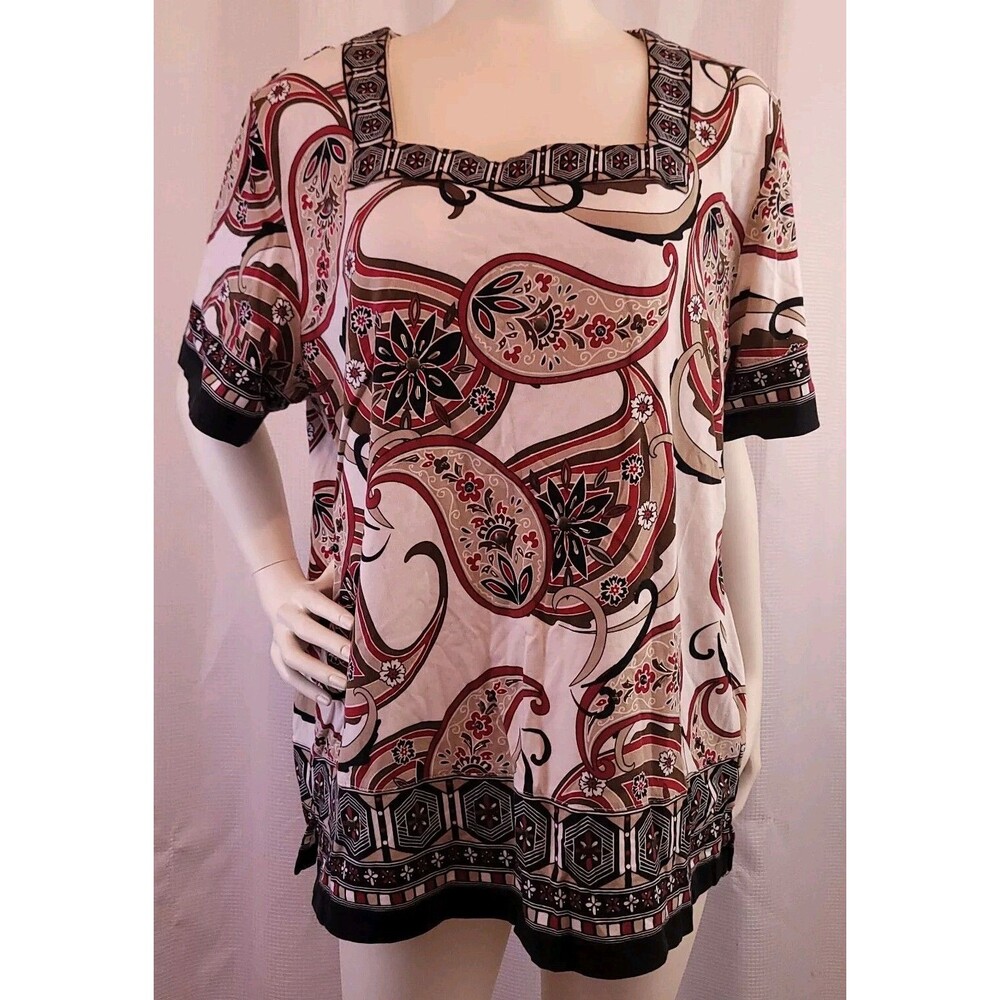 Alfred Dunner Women's XL Blouse Tunic Paisley Bead Accents Boho Square Neck
